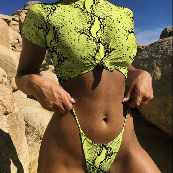 New Arrival Women Snakeskin Leopard Print Swimming Costume Short Sleeve Padded Bra Crop Top Swimwear Bikini Monokini Siwmsuit