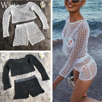 long sleeve+short pants Beach Cover Up summer Hollow Out bikini swimsuit