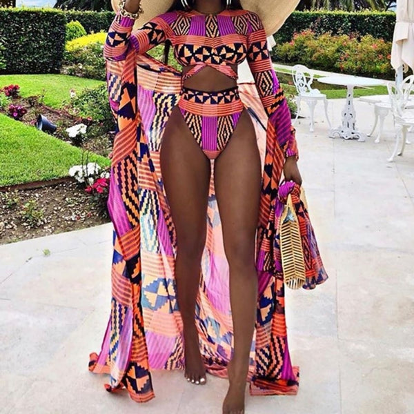 Popular Floral Ruffled Hem Bikini Set Women Vintage O-neck Biquinis High-waisted Swimsuit 2020 Girl Long Sleeve Suit Swimwear